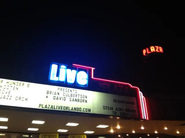 The Plaza Live theater marquee in the Colonialtown neighborhood of Orlando, Florida
